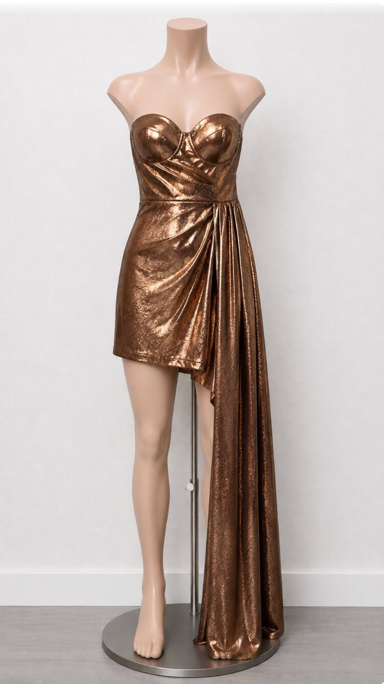 Bronze Gold Metallic Sweetheart Neck Sleeveless Bodycon Mini Long Sash Dress SM